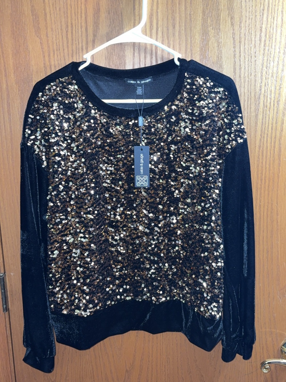 Cable & Gauge Black Velvet Sequin Front Pullover with Gold Accents